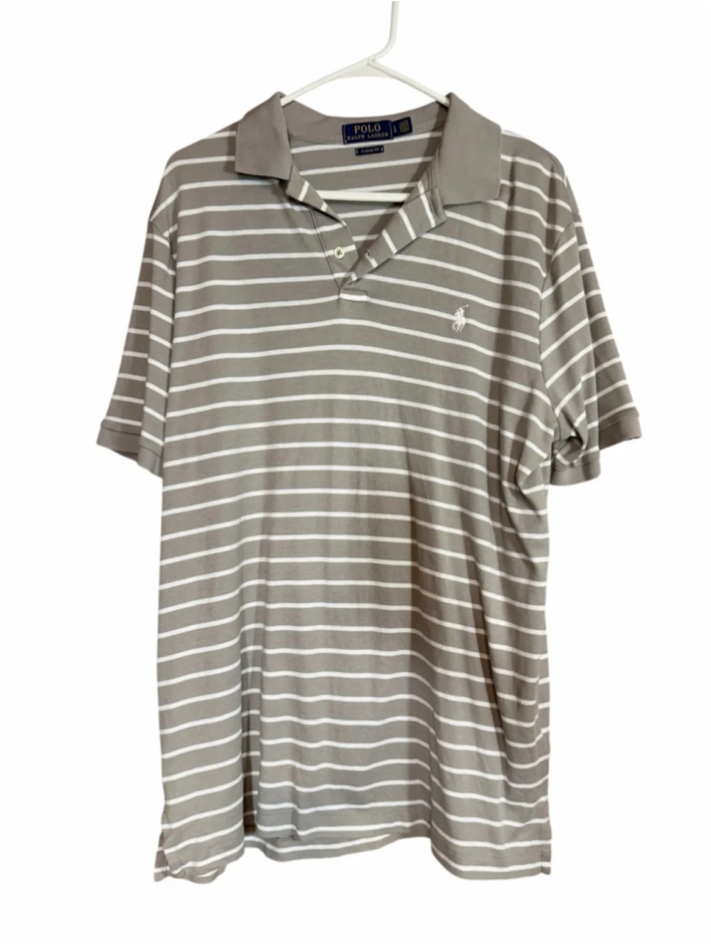 Men's Polo Ralph Lauren Gray White Striped Classic Fit Polo Shirt L